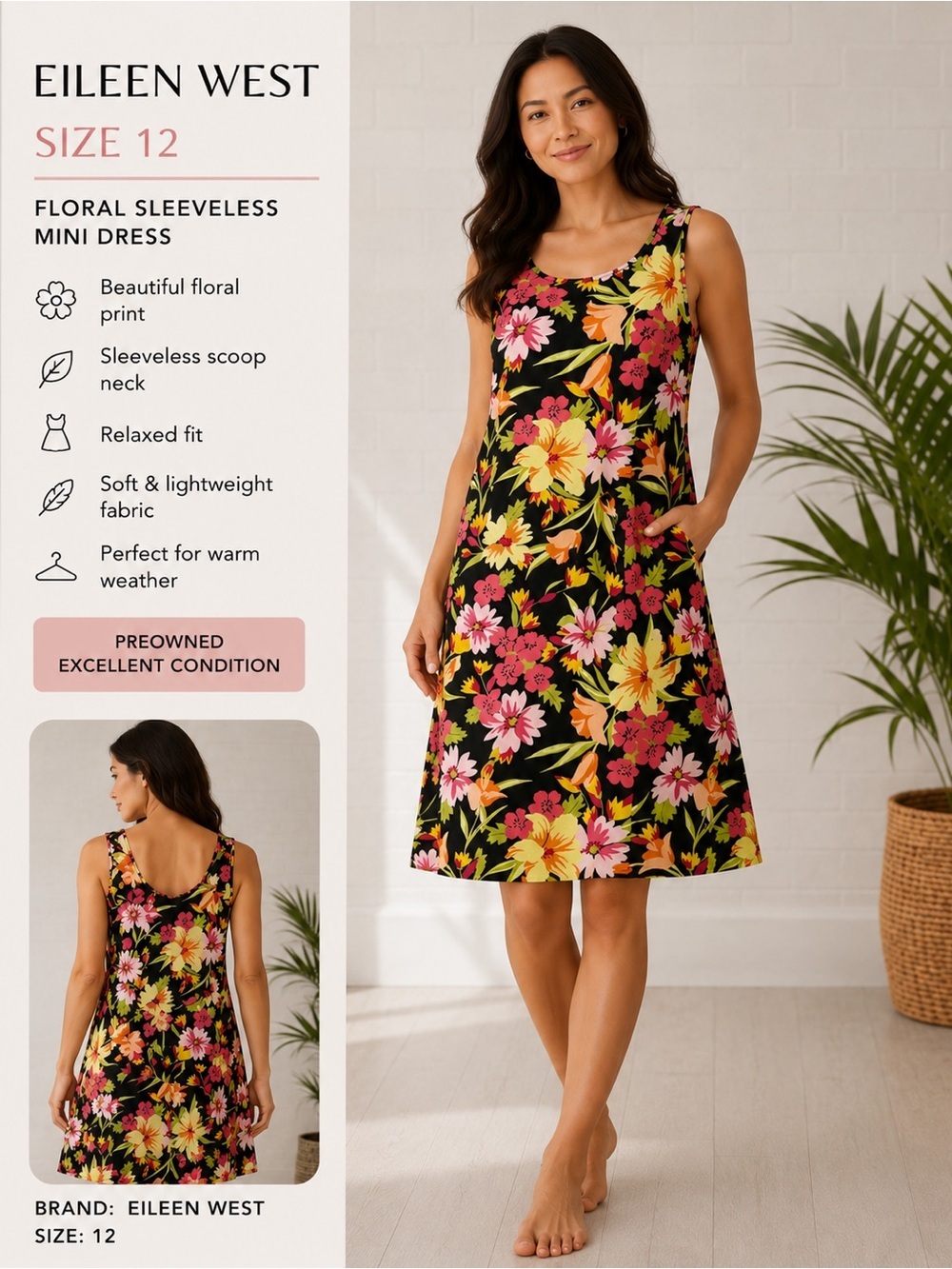Eileen West Classic Floral sleeveless shift Mini Dress/size 12